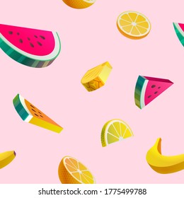 Fruit seamless pattern.  Sliced banana watermelon and citrus.