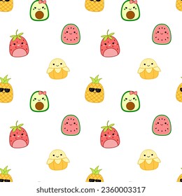 Fruit seamless pattern. Squishmallow. Banana, pineapple, avocado, strawberry. Kawaii, Vector
