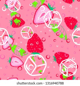 Fruit seamless pattern with strawberries and ice cubes.