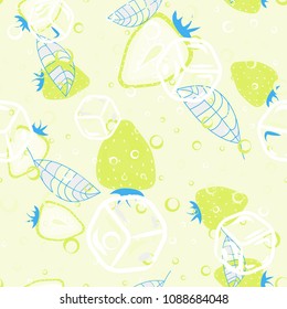 Fruit seamless pattern with strawberries and leaves. Cocktail. Soda. Pieces of ice.