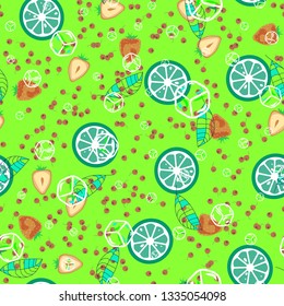 Fruit seamless pattern with strawberries, orange and berries. Ice cubes with fruit.