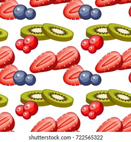 Fruit seamless pattern. Strawberry and kiwi slice isolated on white background.