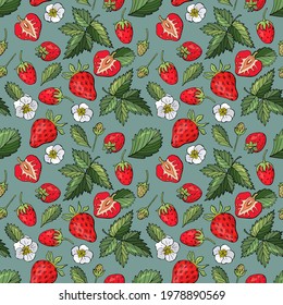 Fruit seamless pattern. Strawberry leaves and berries. Design for fabrics, textiles, wallpapers, packaging, cafes.
