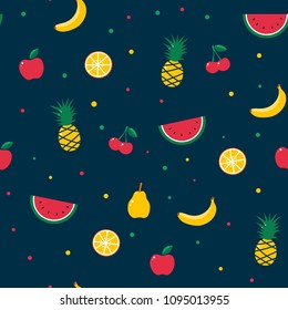 Fruit seamless pattern. Summer exotic juicy watermelon, banana, apple, orange citrus, cherry, pineaple. Fabric textile modern trendy design. Vector illustration. Dark background.