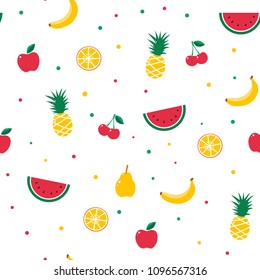 Fruit seamless pattern. Summer exotic juicy watermelon, banana, apple, orange citrus, cherry, pineaple. Fabric textile modern trendy design. Vector illustration. White background