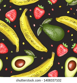 Fruit seamless pattern. Summer fresh fruits: Avocado, Strawberry, Banana. 