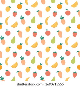 Fruit seamless pattern. Summer texture in cartoon style. Hand drawn colorful vector illustration on white background.