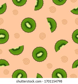 Fruit seamless pattern. Summer vector background with green kiwi and ornament on a light orange background. For the design of fabrics, packaging and wallpapers.