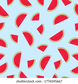 Fruit seamless pattern. Summer vector background with red slices of watermelon on a blue background. For the design of fabrics, packaging and wallpapers.