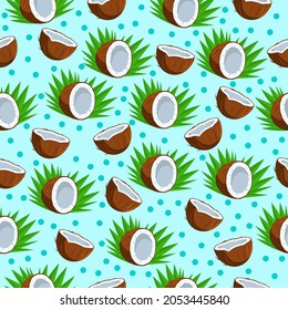 Fruit seamless pattern. Summer vector background with half coconut and palm leaves on blue backdrop. For the design of fabrics, packaging and wallpaper.