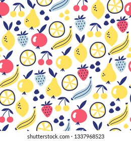 Fruit seamless pattern. Surface kid decoration with apple, pear, banana, lemon, strawberry, cherry and berry. Vector illustration.