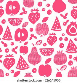 Fruit seamless pattern. Surface kid decoration with apple, pear, watermelon, lemon, strawberry and berry. Vector illustration.