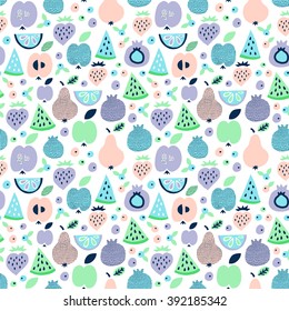 Fruit seamless pattern. Surface fruit kid decoration with apple, pear, watermelon, lemon, strawberry and berry. Fruit background. Vector illustration.