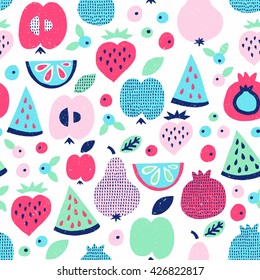 Fruit seamless pattern. Surface kid decoration with apple, pear, watermelon, lemon, strawberry and berry. Vector illustration.