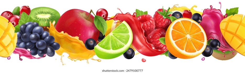 Fruit Seamless Pattern, Sweet tropical fruits and mixed berries in juice splash. Orange, lime, grapes, apple, raspberry, blueberry, cranberry. 3d realistic