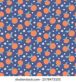 Fruit seamless pattern. Tangerines for summer background wallpaper. Repeat print with hand drawn bright orange mandarins for creating fabrics, home textiles, tablecloths. Vector fruit food wallpaper.
