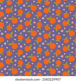 Fruit seamless pattern. Tangerines for summer background wallpaper. Repeat print with hand drawn bright orange mandarins for creating fabrics, home textiles, tablecloths. Vector fruit food wallpaper.