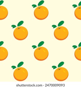 Fruit seamless pattern with taste whole orange on yellow backdrop. Summer vector background in flat style with citrus fruits. Suitable for wallpaper, wrapping paper, fabric