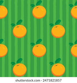 Fruit seamless pattern with taste whole orange on green striped backdrop. Summer vector background in flat style with citrus fruits. Suitable for wallpaper, wrapping paper, fabric