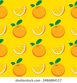 Fruit seamless pattern with taste whole and slice orange on yellow backdrop. Summer vector background in flat style with citrus fruits. Suitable for wallpaper, wrapping paper, fabric