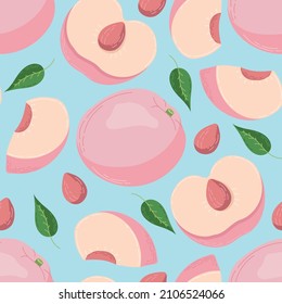 Fruit seamless pattern for textile products, peach pieces, bone and leaves in a flat style . Vector illustration