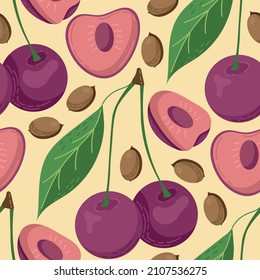 Fruit seamless pattern for textile products, cherry pieces, bone and leaves in a flat style . Vector illustration