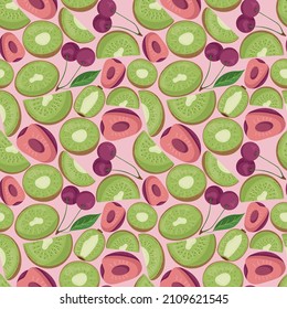 Fruit seamless pattern for textile products, cherry and kiwi pieces, bone and leaves in a flat style. Vector illustration