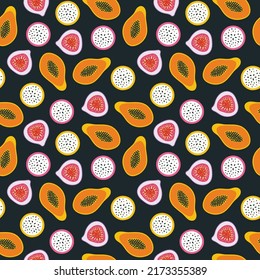 Fruit seamless pattern. Tropic papaya, dragon fruit pitaya and fig. Vector isolated illustration for fabric print, wrapping paper, kitchen decor, restaurant menu design. Hand drawn doodle style