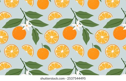 Fruchtnahtloses Muster. Tropischer heller Sommerhintergrund mit handgezeichneten Orangen, Blumen und Blättern. Modernes Design für Papier, Bezug, Stoff. Vektorgrafik.