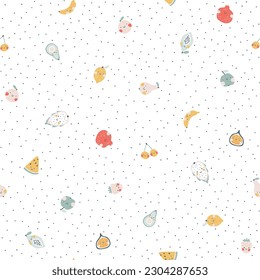 Fruit seamless pattern. Vector cartoon minimalistic background with cute smiling fruit characters in simple hand drawn style. Pastel colors on a white background with polka dots