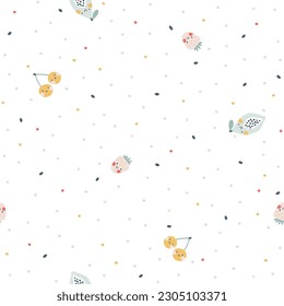 Fruit seamless pattern. Vector cartoon minimalistic background with cute smiling fruit characters in simple hand drawn style. Pastel colors on a white background with polka dots