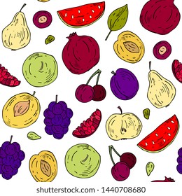 fruit seamless pattern. Vector drawing sketch .Summer fruit background.apples,pear,pomegranate,plum,apricot,cherry,watermelon abstract hand drawn vegetarian food.for packaging design,tea,print