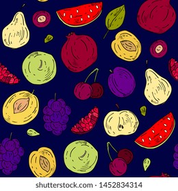fruit seamless pattern. Vector drawing sketch .Summer fruit background.apples,pear,pomegranate,plum,apricot,cherry,watermelon abstract hand drawn vegetarian food.for packaging design,tea,print