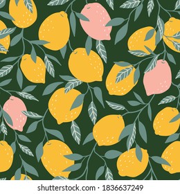 Fruit seamless pattern. Vector hand-drawn lemon repeat background. Tropical garden vintage print design.