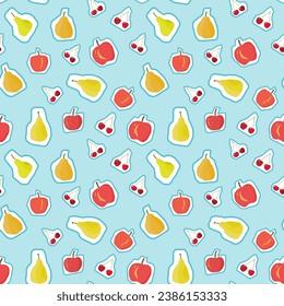 Fruit seamless pattern. Vector fruit mix sticker background. Seamless texture for dress fashion print. Cartoon style apples, pears and cherries.