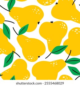 Fruit seamless pattern. Vector pear. Doodle yellow pear with green leaves