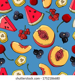 Fruit seamless pattern with watermelon, peach, banana, cherry and currant. Cartoon style. Stock illustration. Design for wallpaper, fabric, textile, packaging.