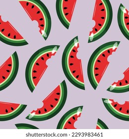 Fruit seamless pattern with watermelon. Vector design on a violet background.