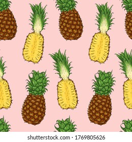 Fruit seamless pattern with whole and half pineapple on pink background. Natural tropical background for textiles, banner, wrapping paper and other designs