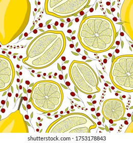Fruit seamless pattern. A whole lemon, slices of lemon, twigs with berries on a white background. Vector illustration. Design for fabric, print, card, wrapping.