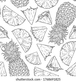 Fruit seamless pattern with whole pineapple and slices pieces. Natural tropical background for textiles, banner, wrapping paper and other designs