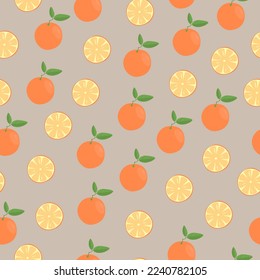 Fruit seamless pattern with whole and sliced oranges on a beige background