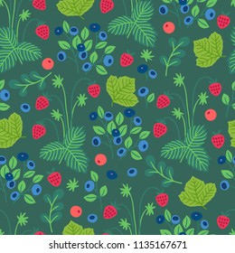 Fruit seamless pattern with wild strawberry, cowberry and blueberry on green background. Perfect for summer greeting cards.