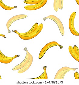 Fruit seamless pattern with yellow bananas on white background. Hand drawn. For wrapping paper, kitchen design. Cartoon stile. Vector stock illustration.