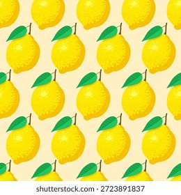 Patrón de frutas sin fisuras con limón amarillo y hojas verdes. Brillante estampado de verano en estilo plano. Ilustración vectorial para la tela, embalaje, Fondo de pantalla, textiles, papel de embalaje, marca de alimentos