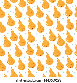Fruit seamless pattern with yellow pear on white background. Fresh and juicy colorful illustration. Vector.