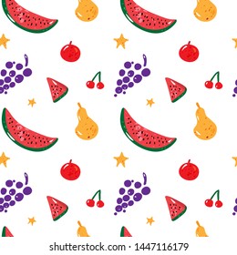 Fruit seamless pattern with yellow pear, watermelon, red apple and grapes on white background. Fresh and juicy colorful illustration. Vector.