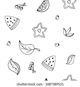 Fruit seamless pattern.Black and white contour monochrome.