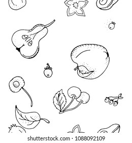 Fruit seamless pattern.Black and white contour monochrome.