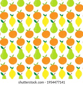 Fruit seamless pattern.Cute orange, lemons and pears isolated on white background